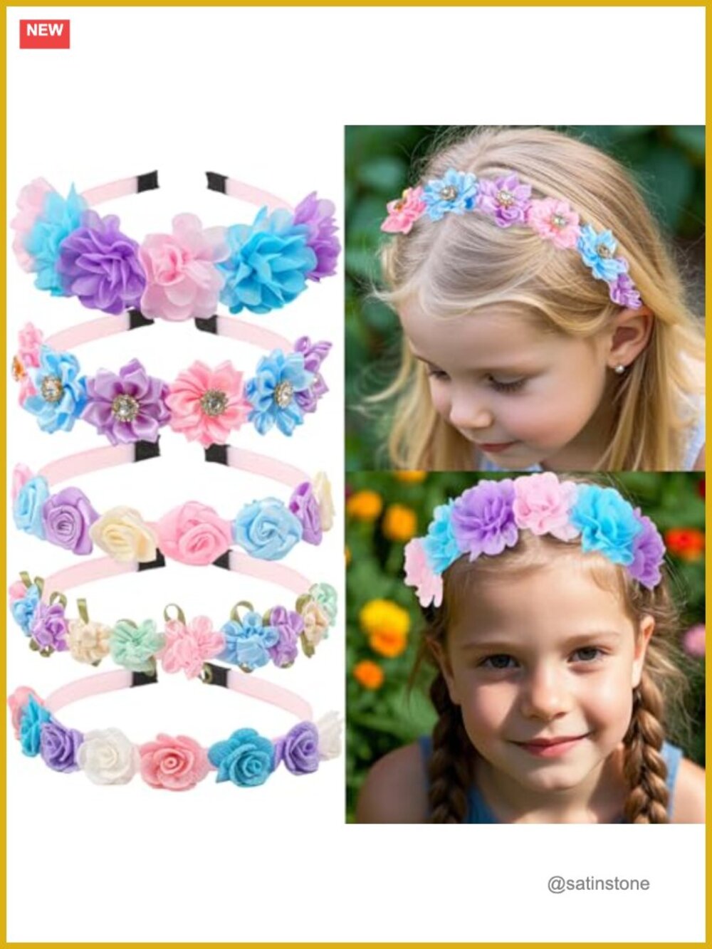 5pc Chiffon Satin Rose Headbands for Toddlers Teens Girls